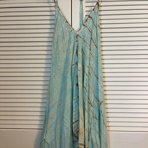 Elegant light blue , green and Brown Striped Dress  Size : S- L